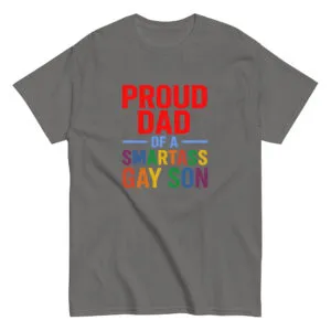 Gray shirt with colorful proud dad message.