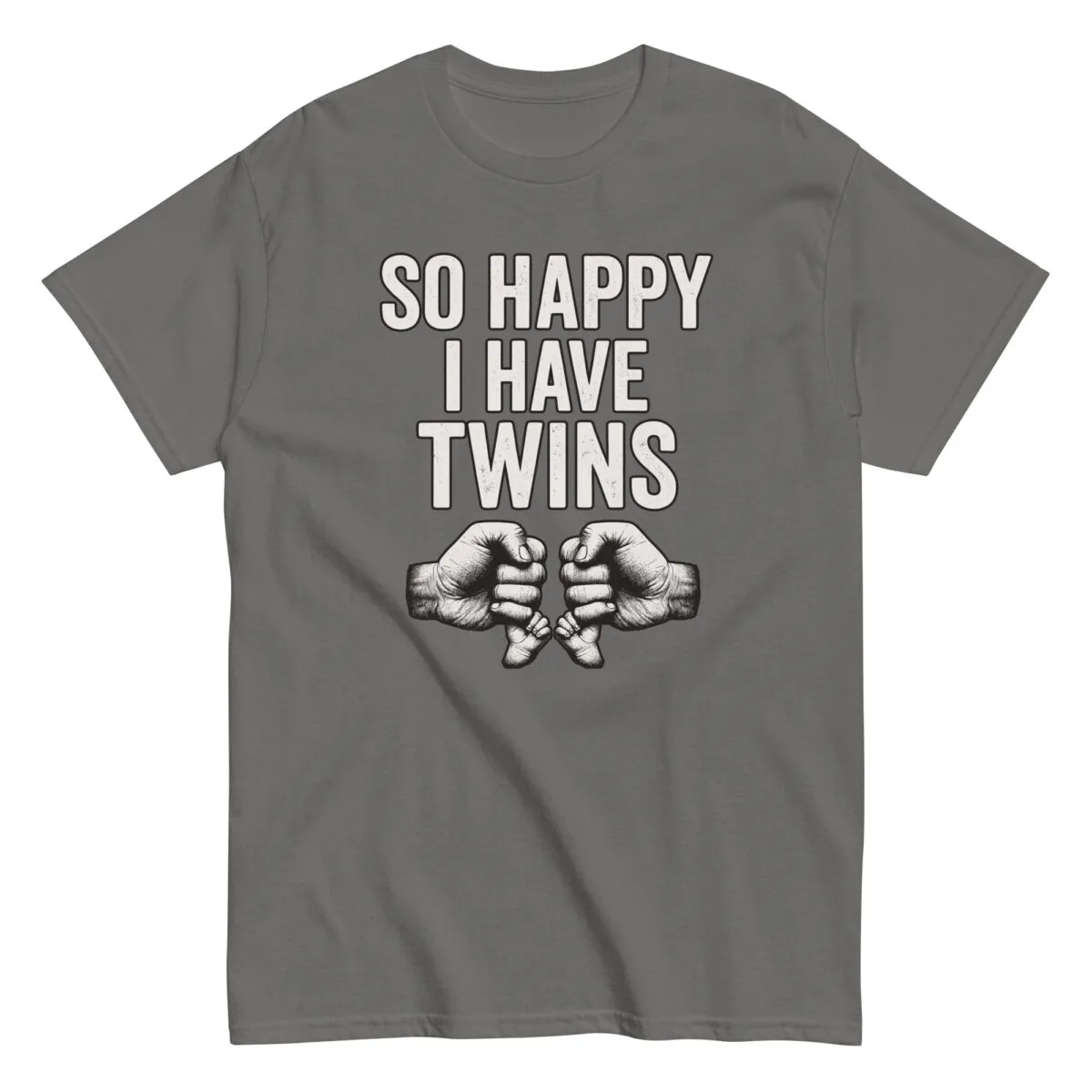Gray t-shirt with 'So Happy I Have Twins' design.