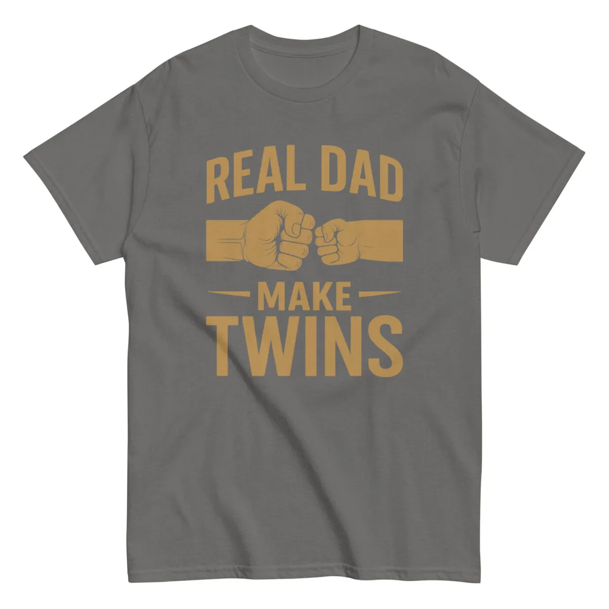 Gray t-shirt with 'Real Dad Make Twins' design