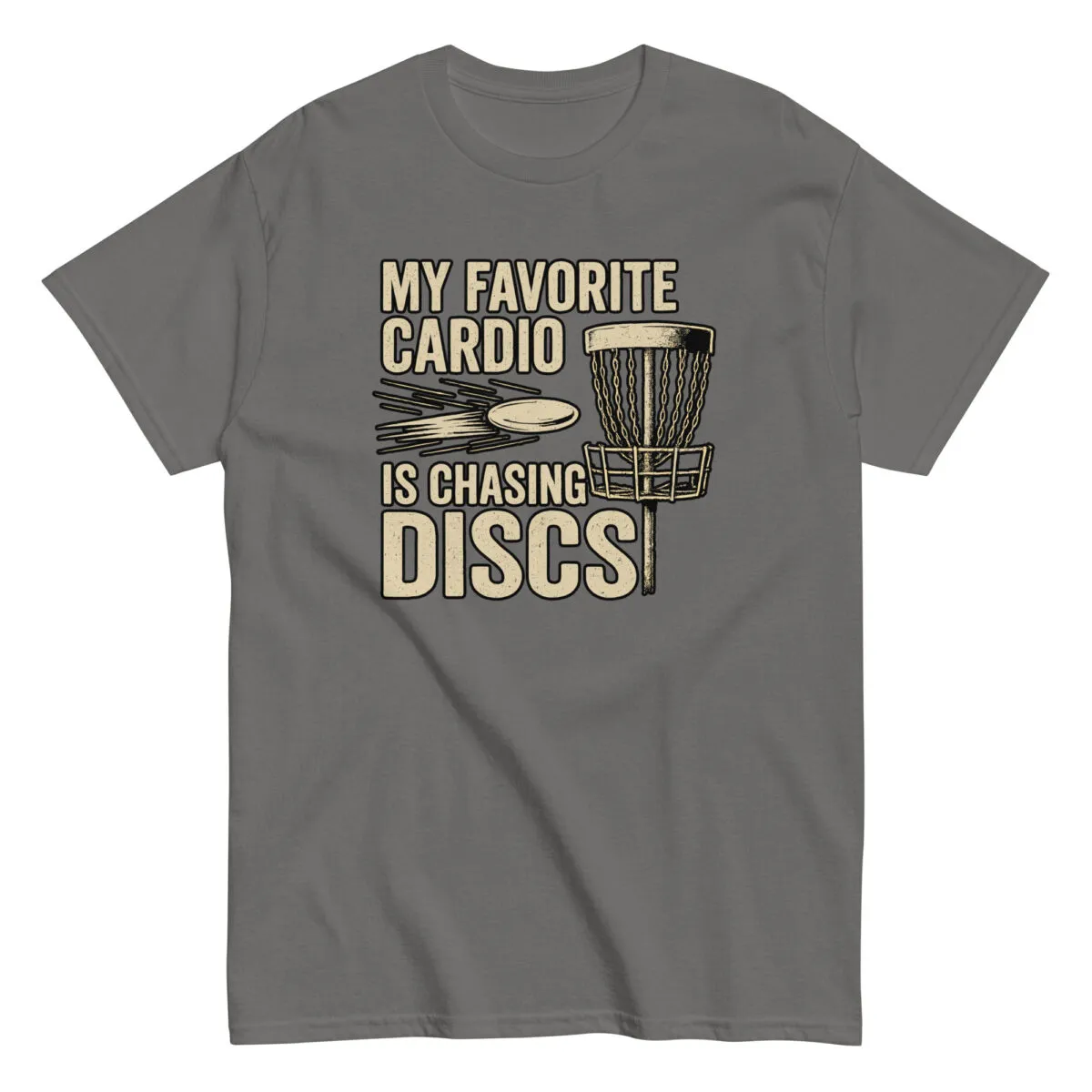 Gray t-shirt with disc golf design and text.