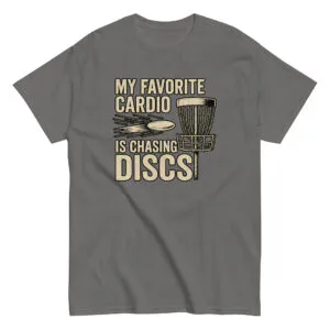Gray t-shirt with disc golf design and text.