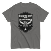 Gray shirt with disc golf graphic design.