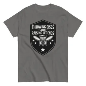 Gray shirt with disc golf graphic design.
