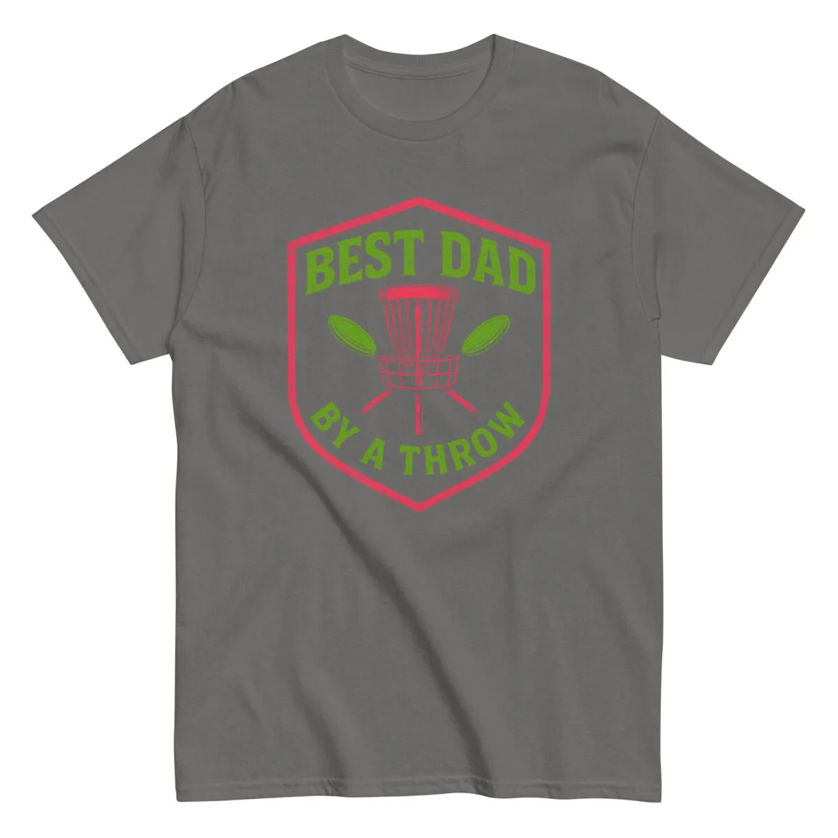 Gray t-shirt with 'Best Dad By a Throw' design.