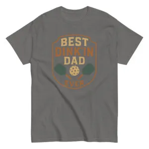 Gray shirt with 'Best Dink'in Dad' design.