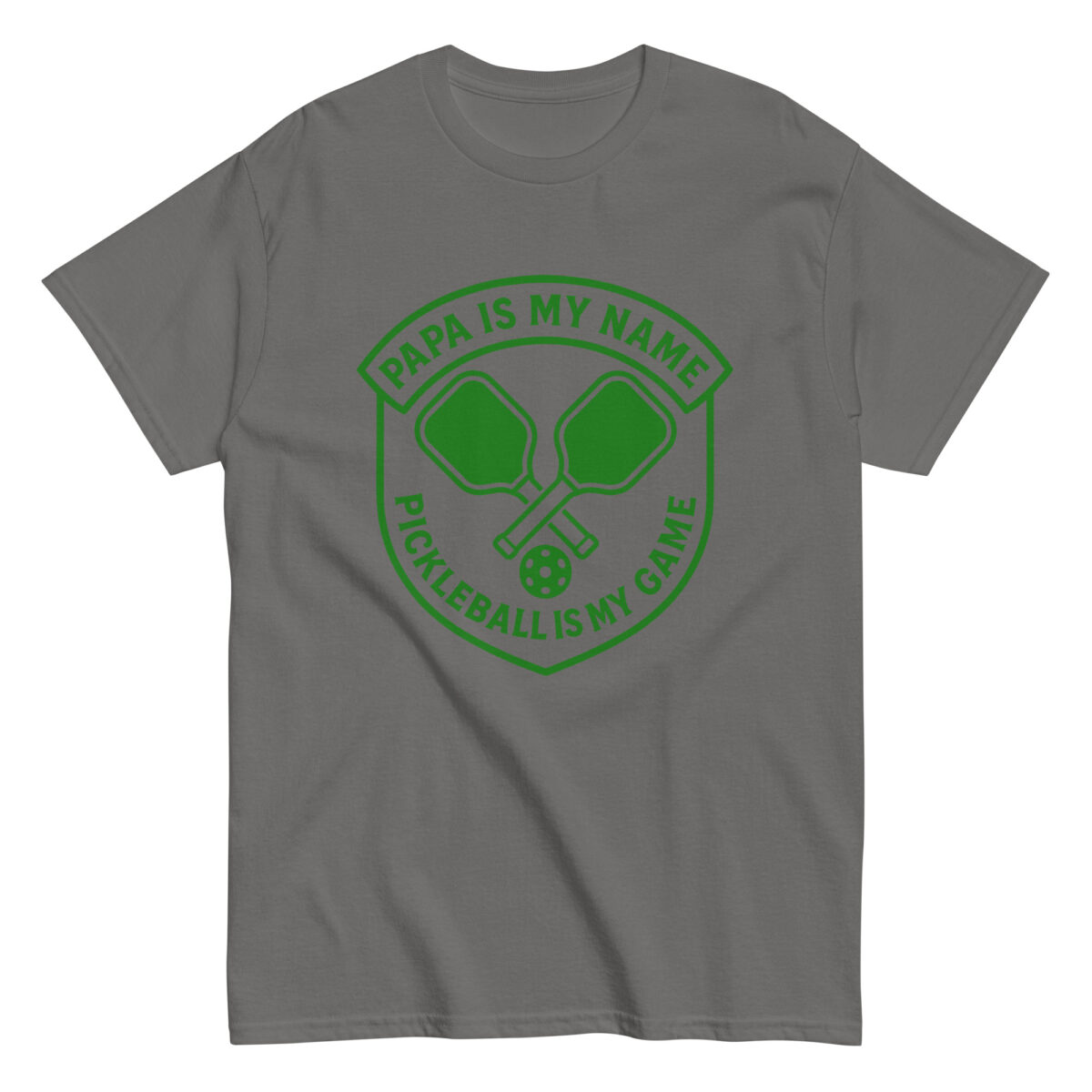 Pickleball themed shirt with paddles graphic.