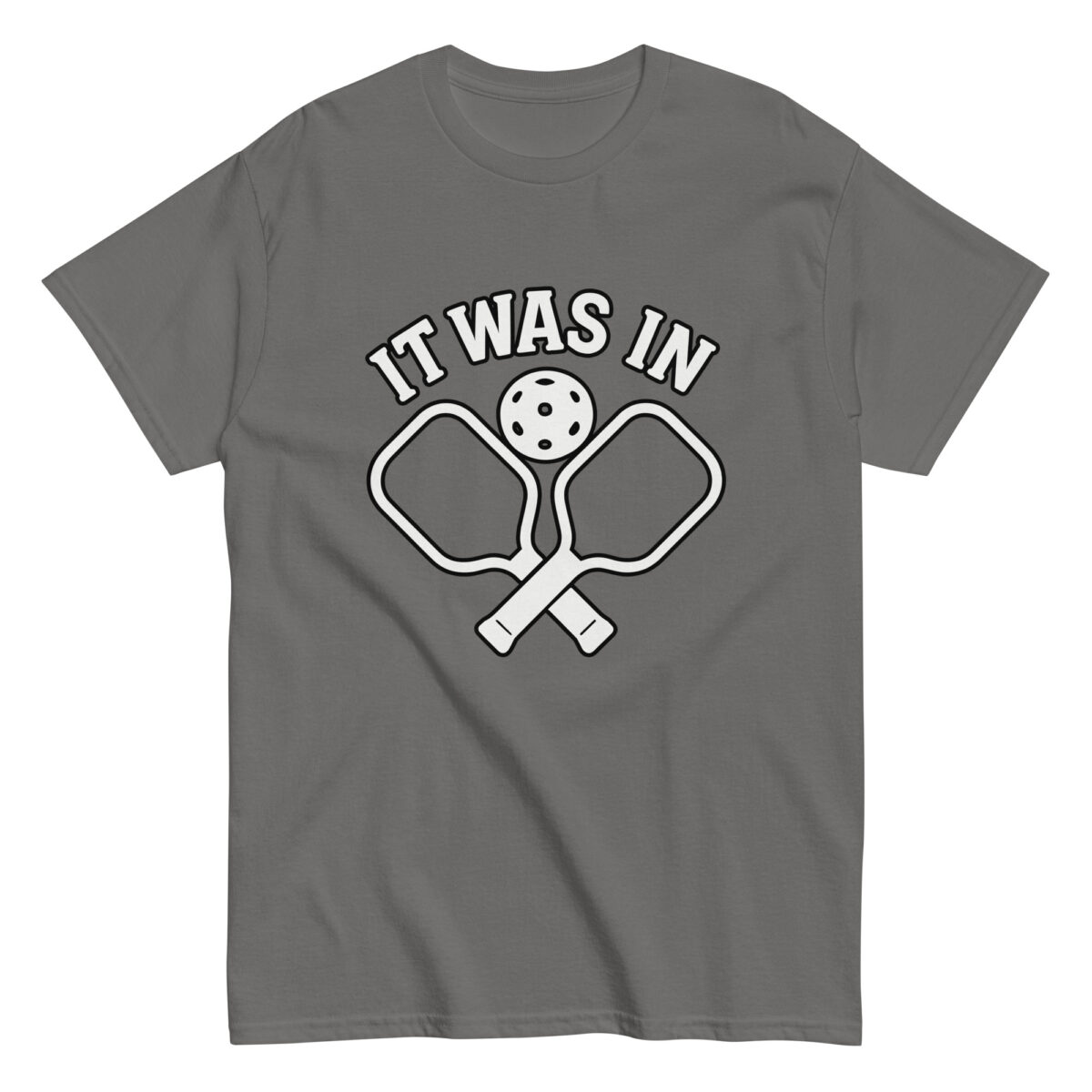 Gray T-shirt with pickleball design and text.