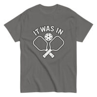 Gray T-shirt with pickleball design and text.