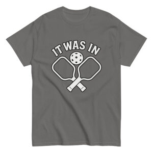 Gray T-shirt with pickleball design and text.