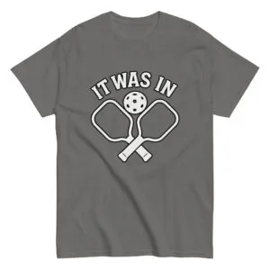 Gray T-shirt with pickleball design and text.