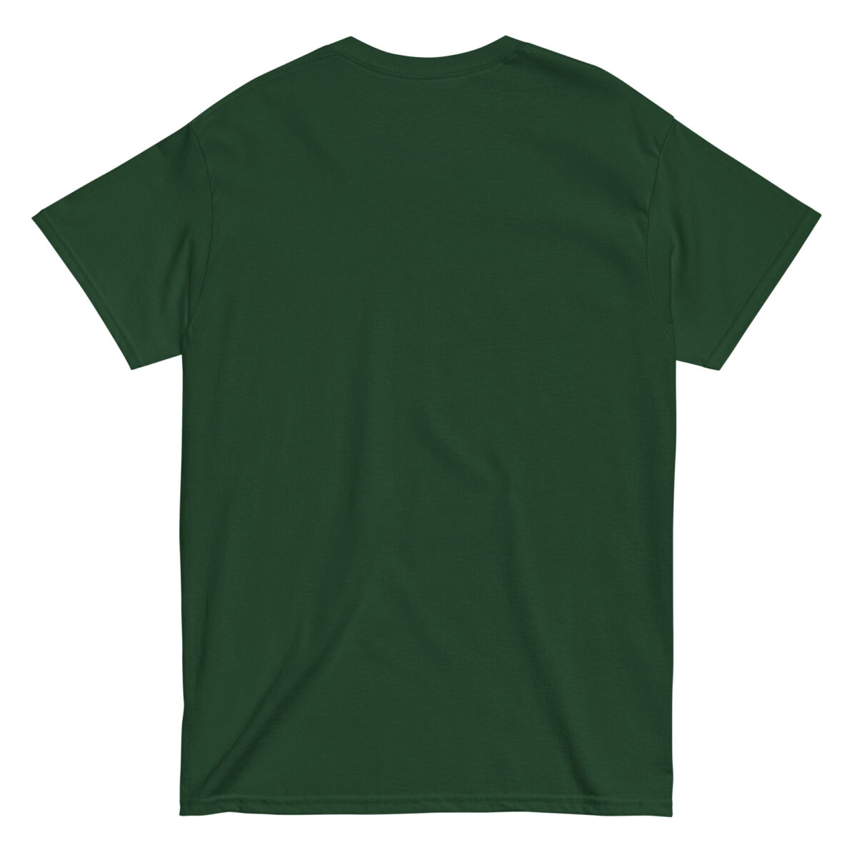 Back view of plain dark green T-shirt.