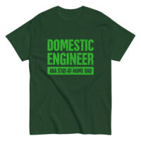 Green T-shirt with 'Domestic Engineer' text in green.