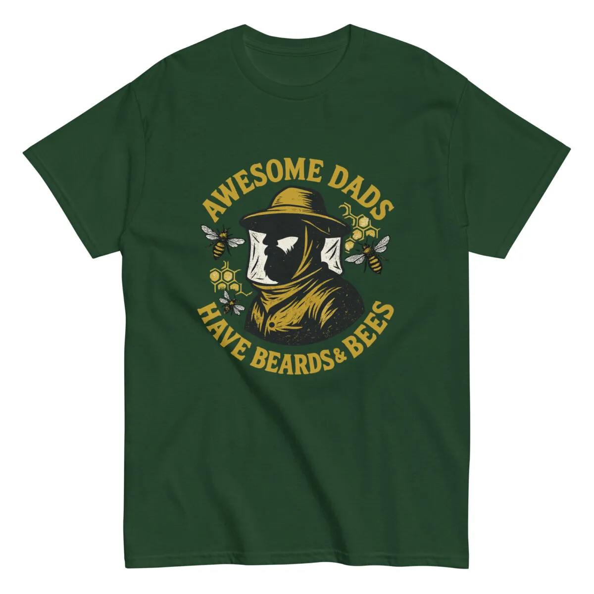 Green shirt with beekeeping dad design.
