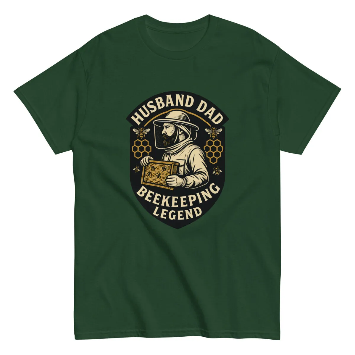 Green shirt, beekeeping legend design with beekeeper.