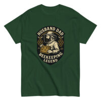 Green shirt, beekeeping legend design with beekeeper.