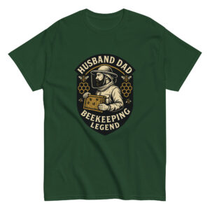 Green shirt, beekeeping legend design with beekeeper.
