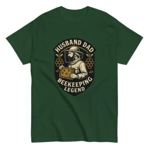 Green shirt, beekeeping legend design with beekeeper.