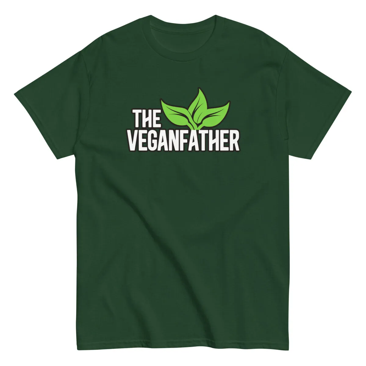 Green T-shirt with 'The VEGANFATHER' text and leaves.