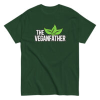Green T-shirt with 'The VEGANFATHER' text and leaves.