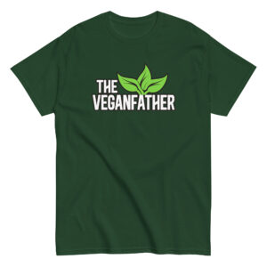 Green T-shirt with 'The VEGANFATHER' text and leaves.