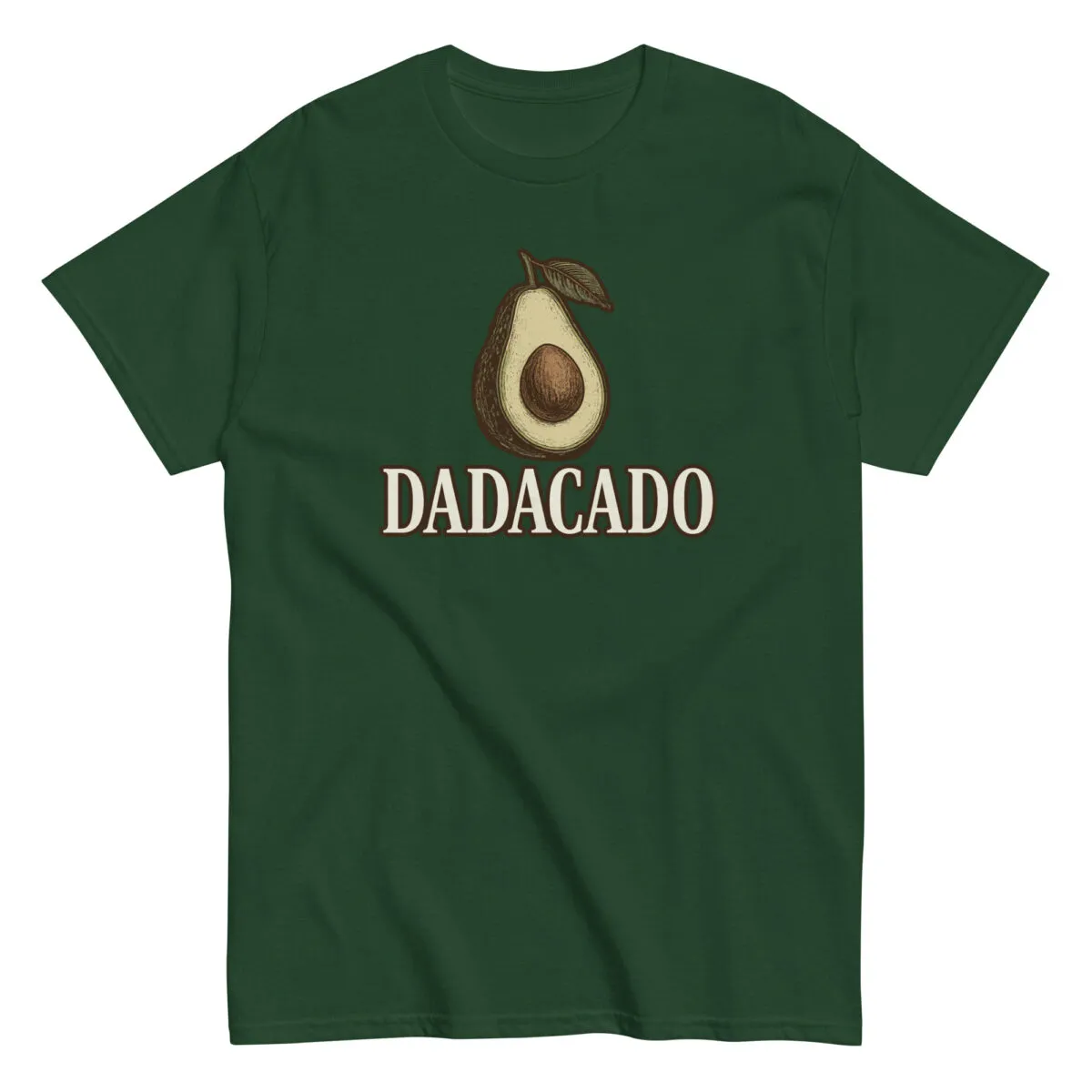 Green t-shirt with avocado graphic and text 'DADACADO'.