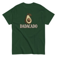 Green t-shirt with avocado graphic and text 'DADACADO'.