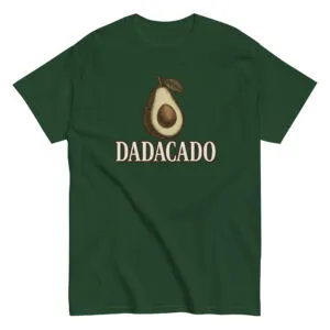 Green t-shirt with avocado graphic and text 'DADACADO'.