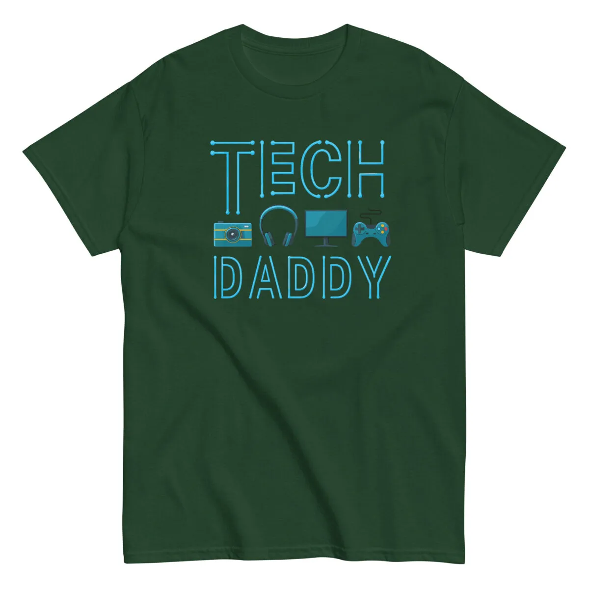 Green t-shirt with 'Tech Daddy' graphic design.