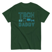 Green t-shirt with 'Tech Daddy' graphic design.