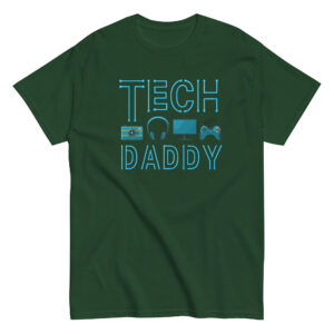 Green t-shirt with 'Tech Daddy' graphic design.