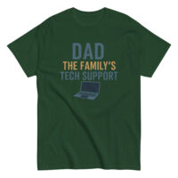 Green shirt with 'Dad, The Family's Tech Support' print.