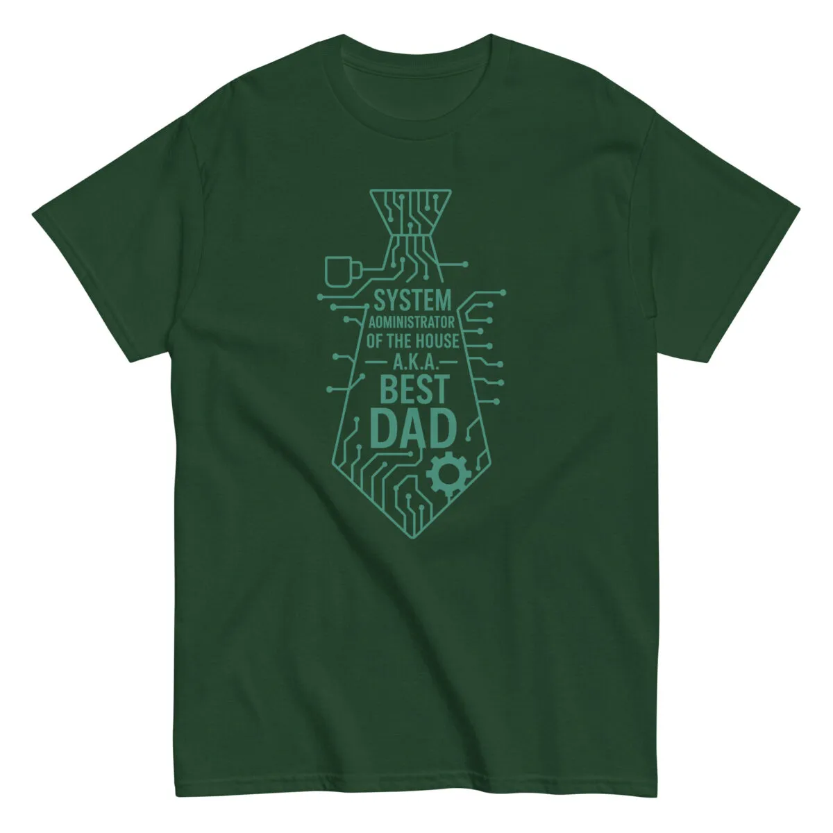 Green t-shirt with circuit-themed 'Best Dad' design