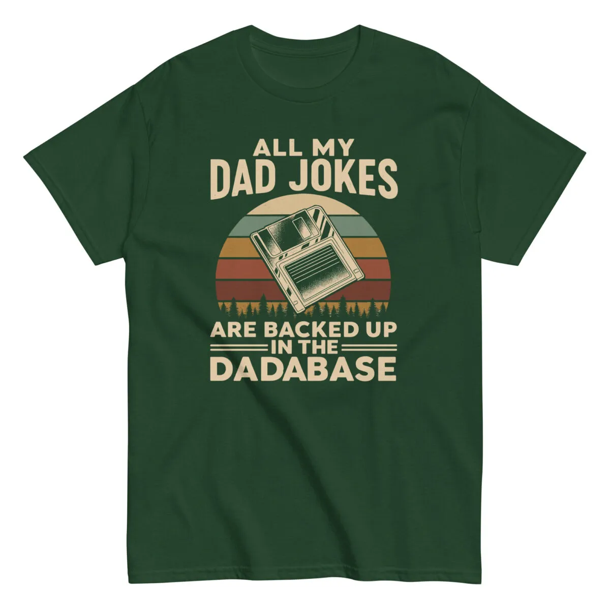 Green t-shirt with dad jokes floppy disk design.
