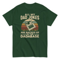 Green t-shirt with dad jokes floppy disk design.