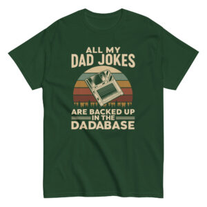 Green t-shirt with dad jokes floppy disk design.