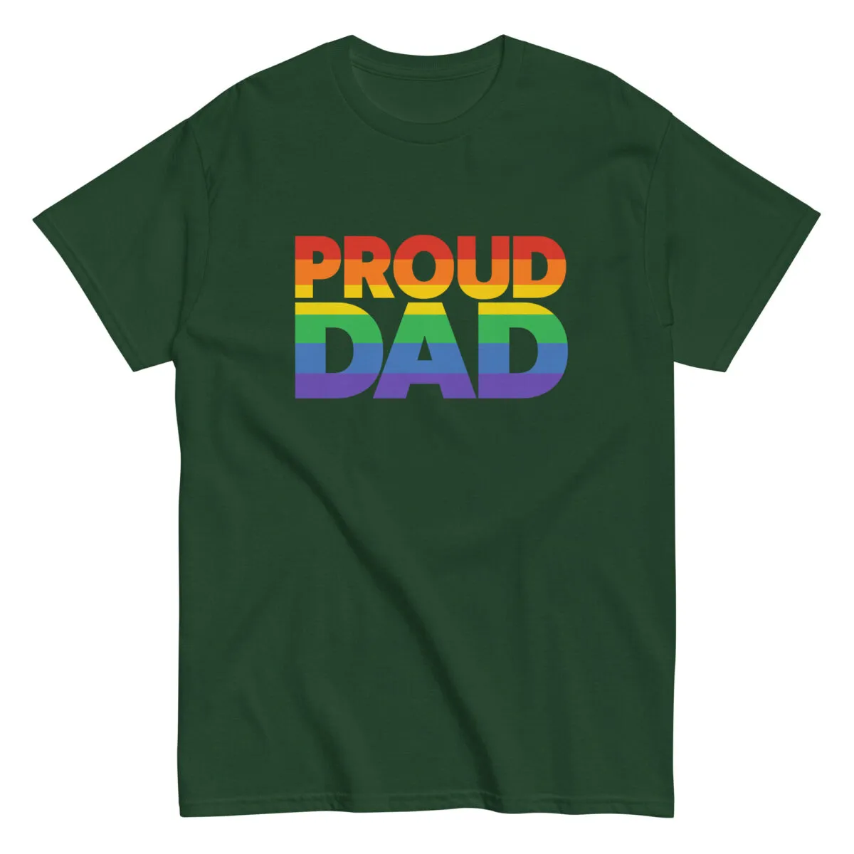 Green T-shirt with rainbow 'Proud Dad' text.