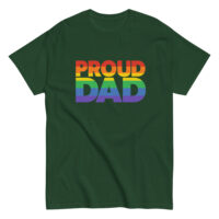 Green T-shirt with rainbow 'Proud Dad' text.