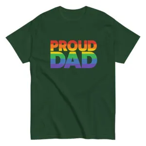 Green T-shirt with rainbow 'Proud Dad' text.