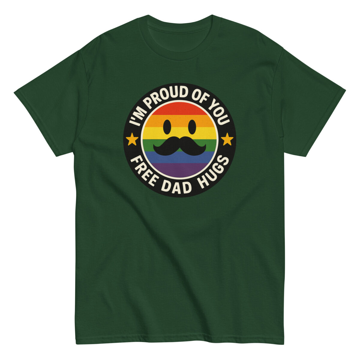 Green shirt with pride design and support message.