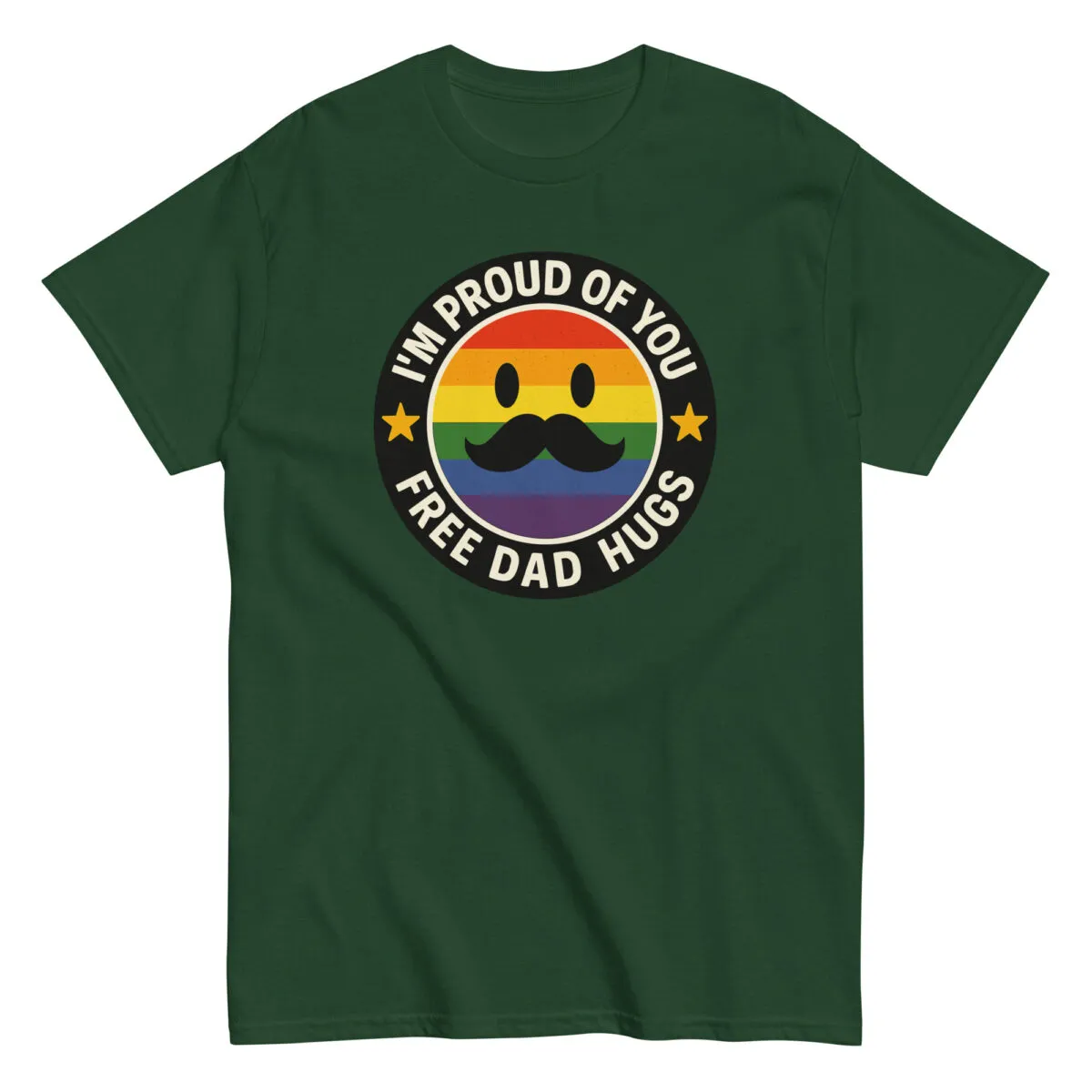 Green shirt with pride design and support message.