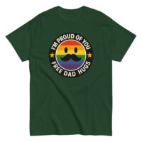 Green shirt with pride design and support message.