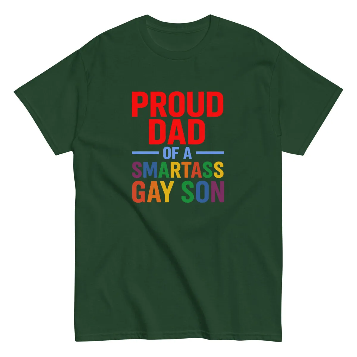 Proud dad shirt with rainbow text.