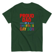Proud dad shirt with rainbow text.