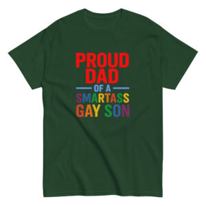 Proud dad shirt with rainbow text.