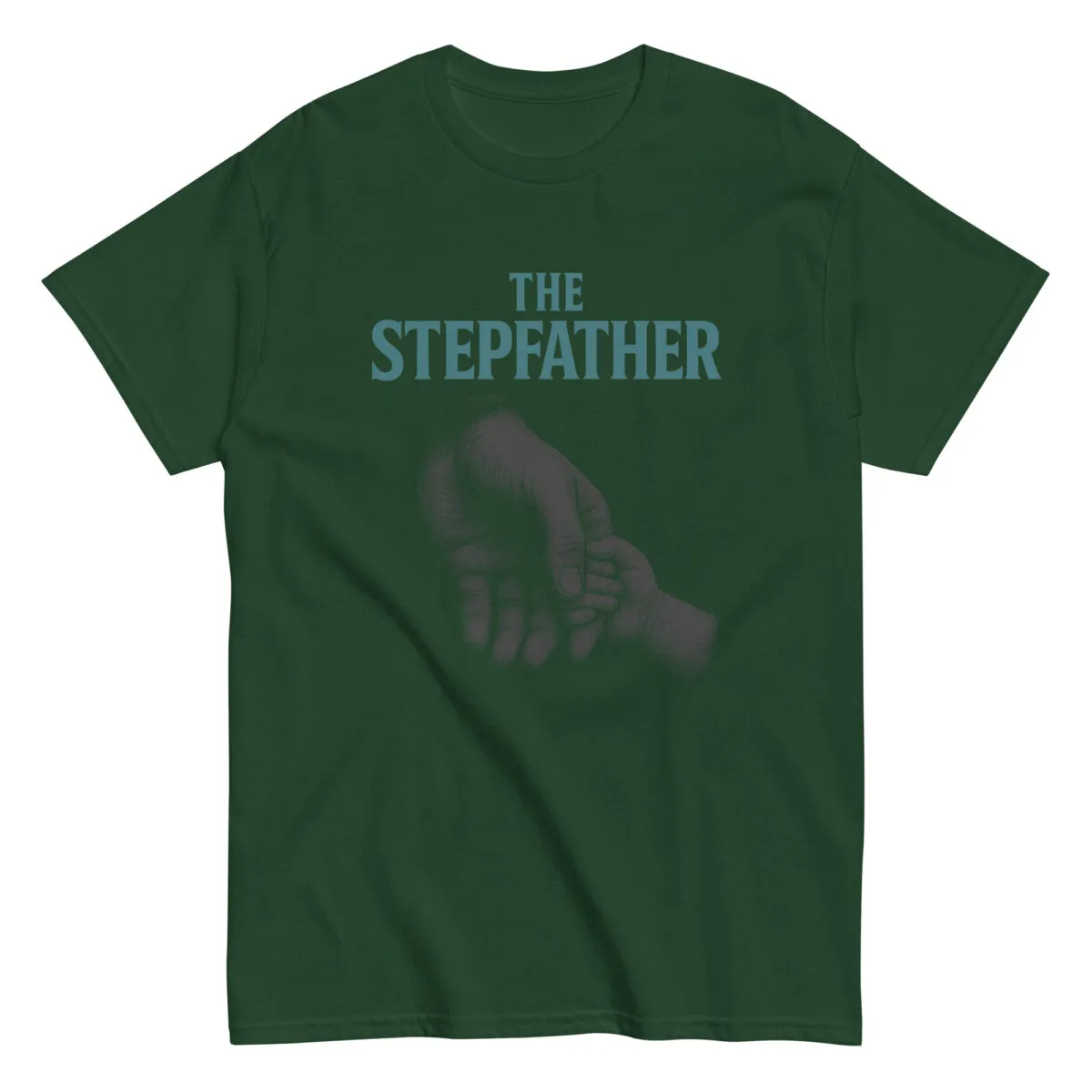 Green T-shirt with 'The Stepfather' graphic design.