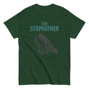 Green T-shirt with 'The Stepfather' graphic design.