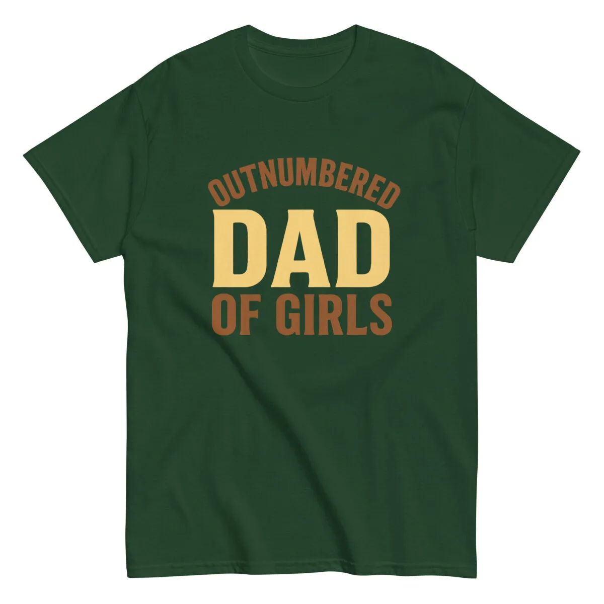 Green t-shirt with 'Outnumbered Dad of Girls' print