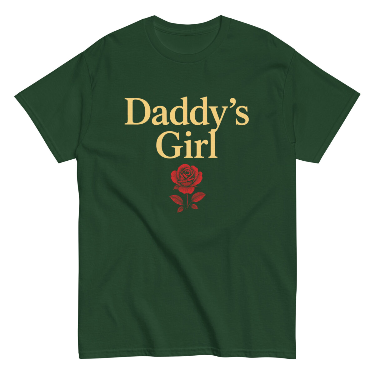 Green t-shirt with 'Daddy's Girl' and rose design.