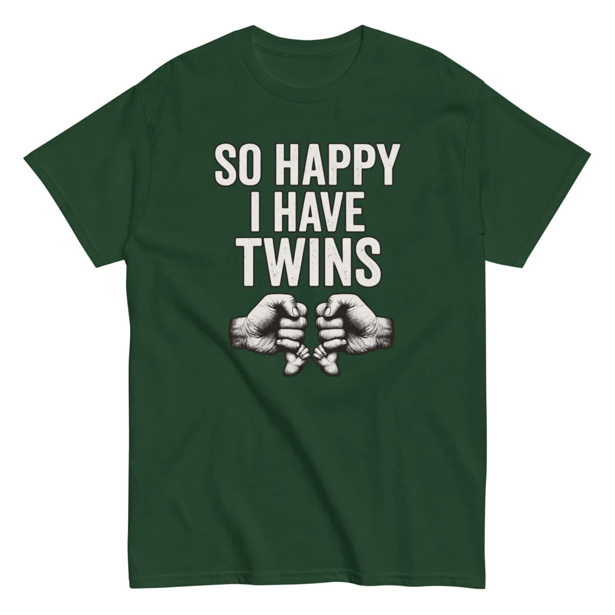 Green t-shirt with 'So Happy I Have Twins' quote.