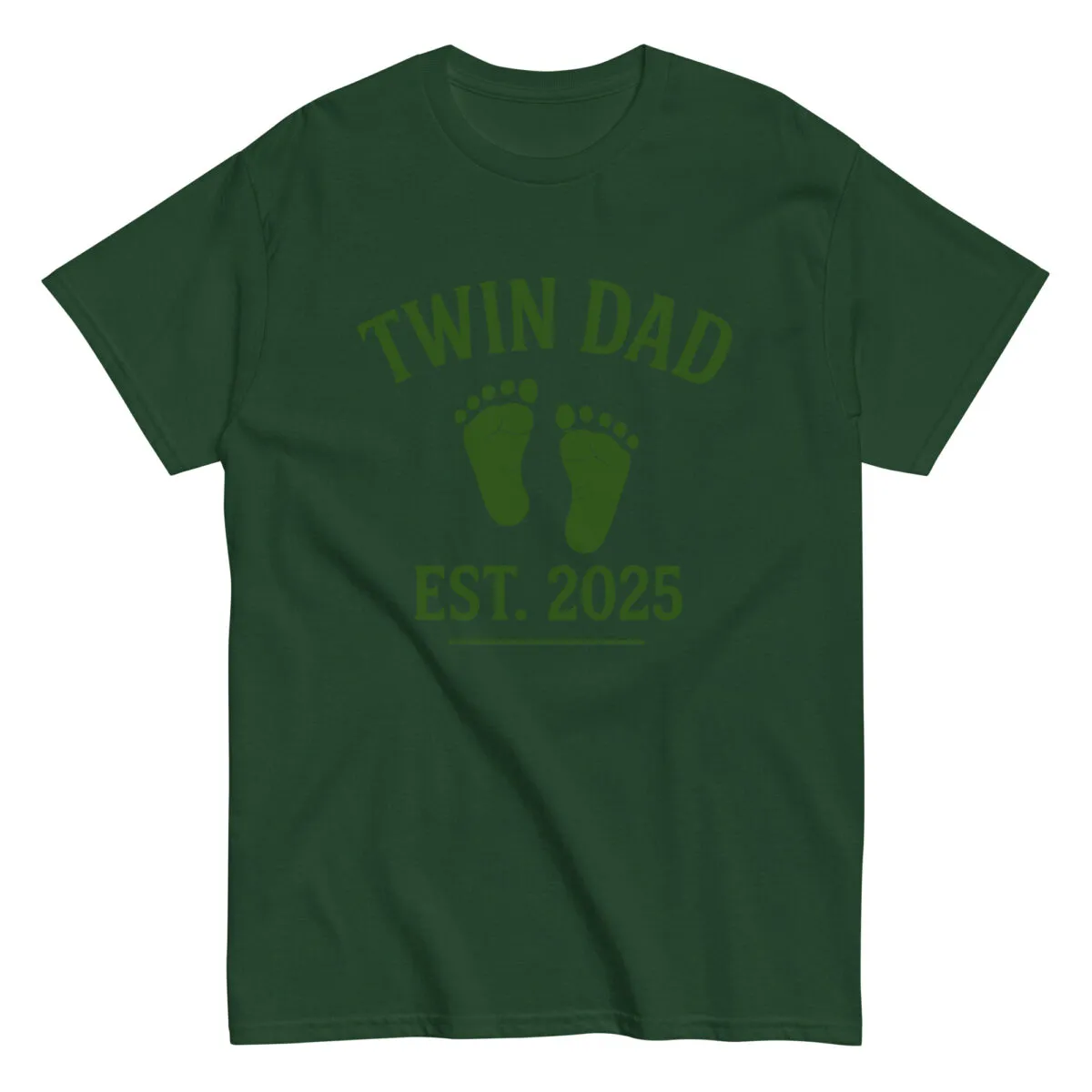 Green t-shirt, 'Twin Dad Est. 2025' with footprints.
